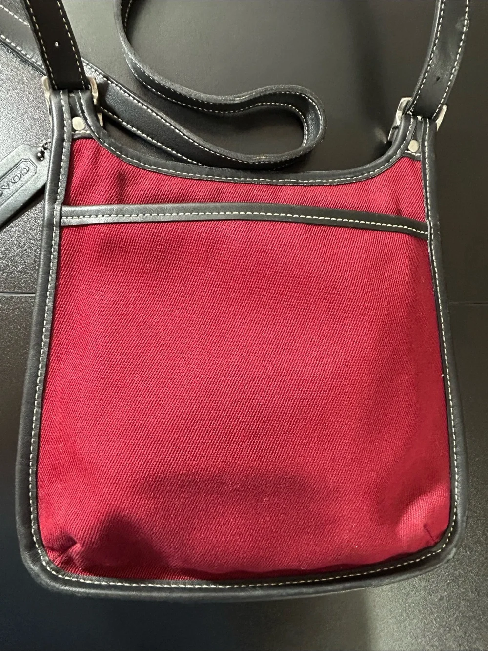 Coach COC-8114 Burgundy Twill Black Leather Trim Crossbody Shoulder Bag USA Made